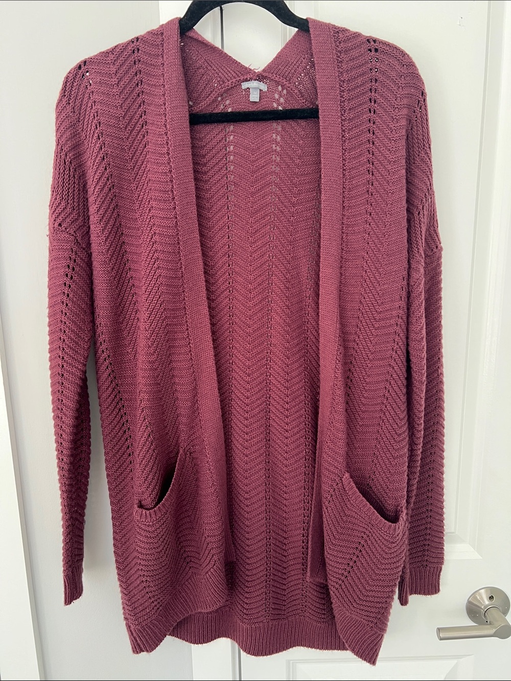 Charlotte Russe Open-Front Pointelle Cardigan in Mauve